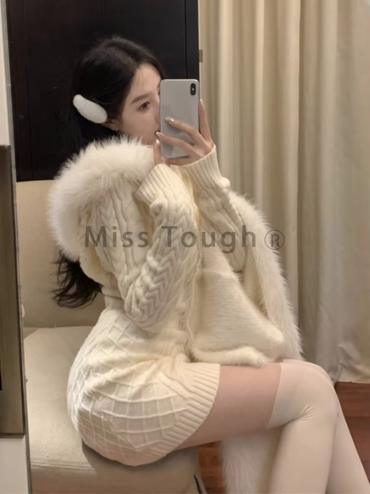 Christmas Red Elegant New Sweater Women Slim Fur Patchwork Hooded Knitted Dress Female Korean Fashion Casual Warm Clothes 2024