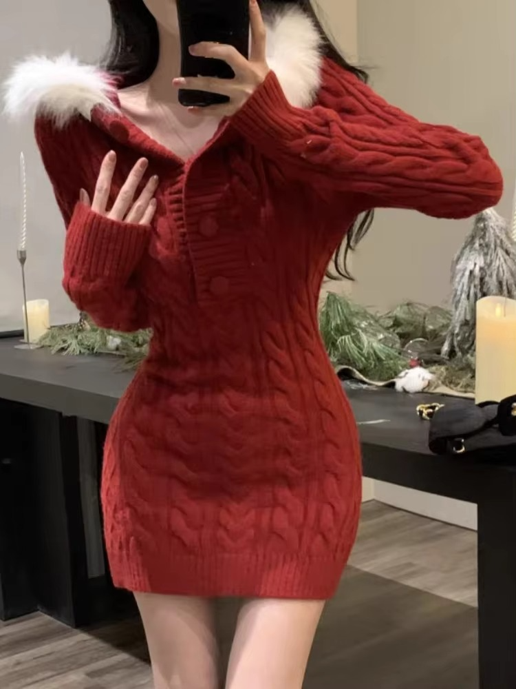 Christmas Red Elegant New Sweater Women Slim Fur Patchwork Hooded Knitted Dress Female Korean Fashion Casual Warm Clothes 2024