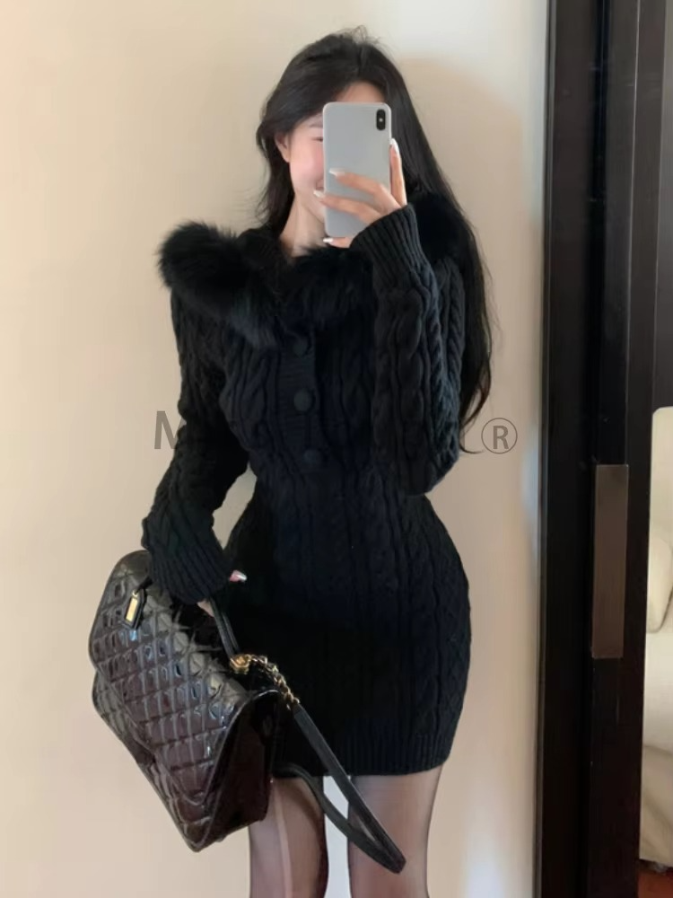 Christmas Red Elegant New Sweater Women Slim Fur Patchwork Hooded Knitted Dress Female Korean Fashion Casual Warm Clothes 2024
