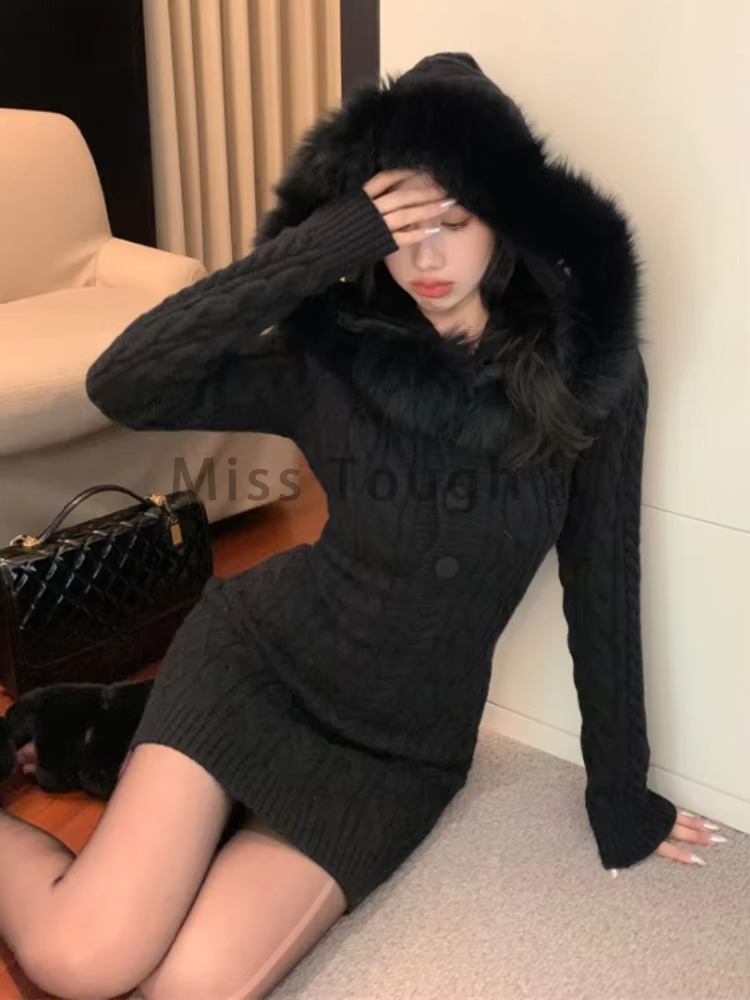 Christmas Red Elegant New Sweater Women Slim Fur Patchwork Hooded Knitted Dress Female Korean Fashion Casual Warm Clothes 2024