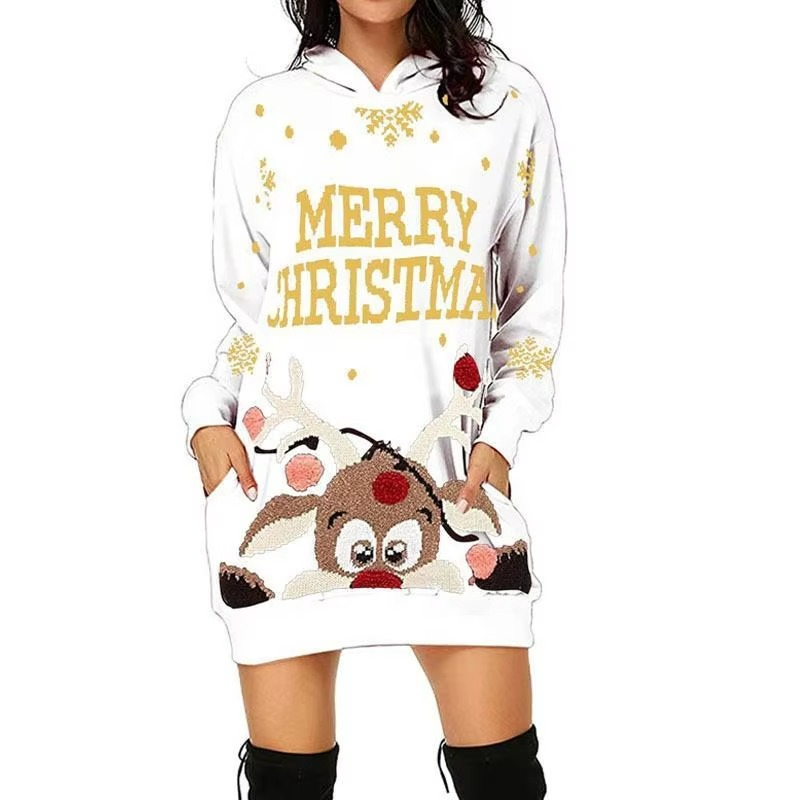 2025 Autumn New Long Sleeve Sweatshirt Dress Christmas Elk Print Hooded Fashion Dress