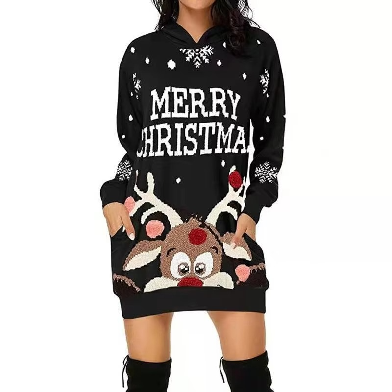 2025 Autumn New Long Sleeve Sweatshirt Dress Christmas Elk Print Hooded Fashion Dress