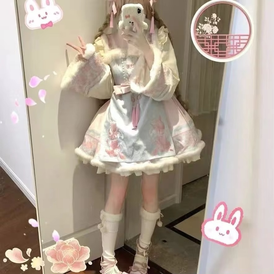 NONSAR Japanese Kawaii Lolita Dress Women Sweet Bow Chinese Element Vintage Mini Dress Red Long Sleeve Christmas Party Dresses