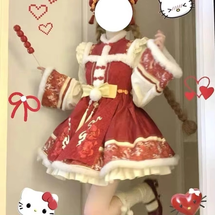 NONSAR Japanese Kawaii Lolita Dress Women Sweet Bow Chinese Element Vintage Mini Dress Red Long Sleeve Christmas Party Dresses