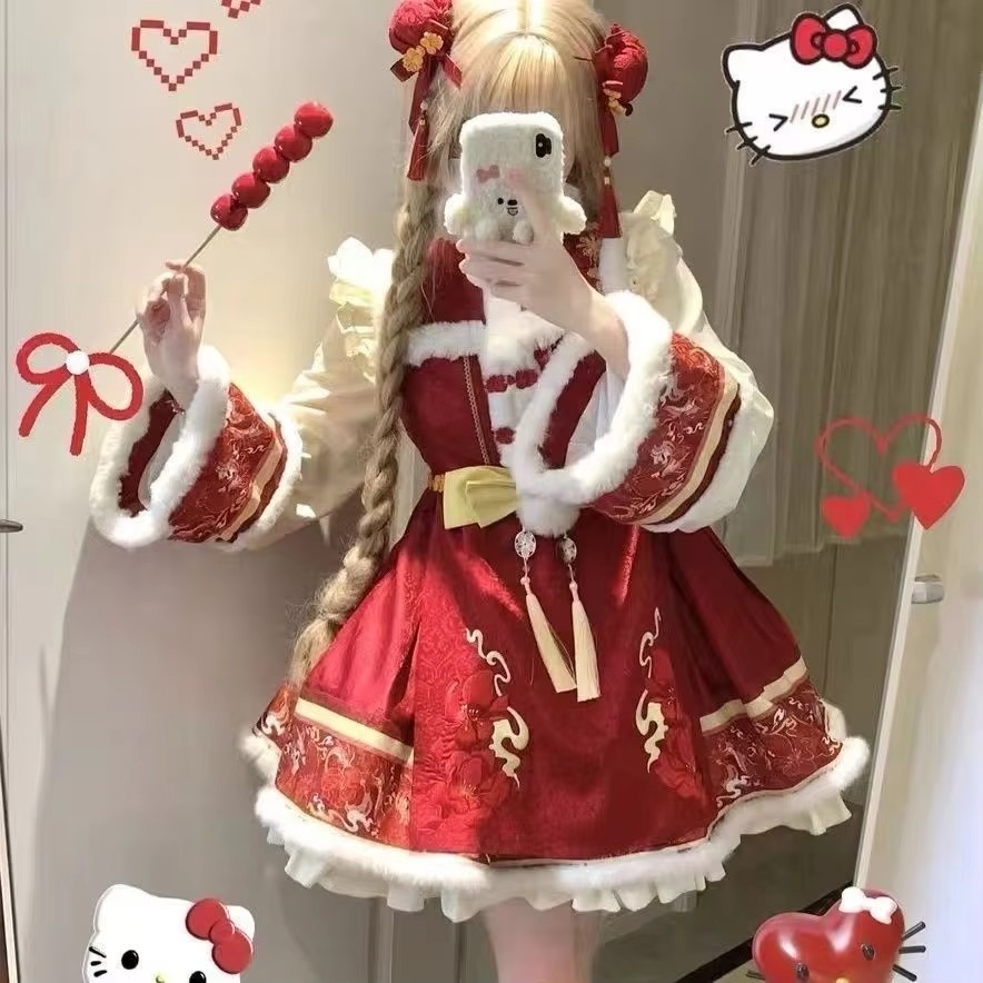 NONSAR Japanese Kawaii Lolita Dress Women Sweet Bow Chinese Element Vintage Mini Dress Red Long Sleeve Christmas Party Dresses
