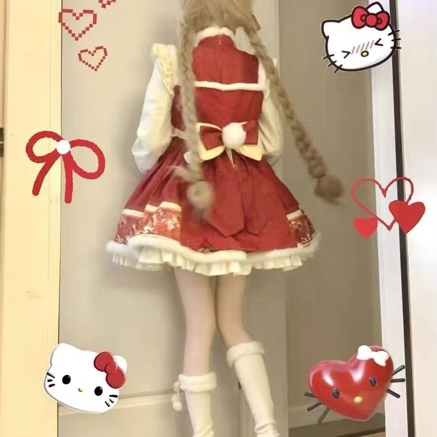 NONSAR Japanese Kawaii Lolita Dress Women Sweet Bow Chinese Element Vintage Mini Dress Red Long Sleeve Christmas Party Dresses