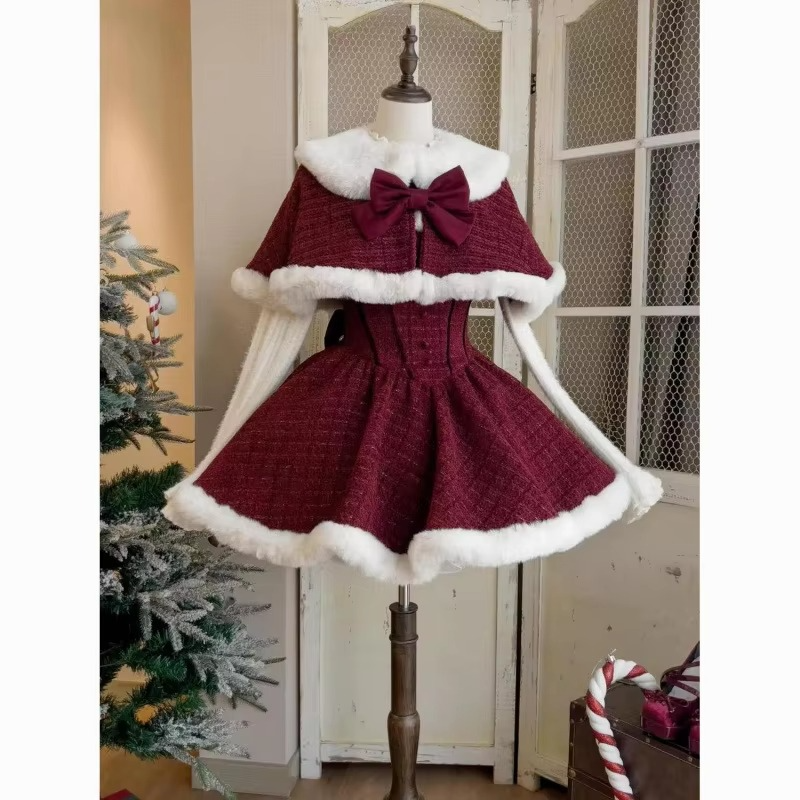 Christmas Ladies Cute Lolita Style Strap Bow Recreation Hairy Dress High Collar Top Cloak+Strap Skirt+Bottom Shirt [3-Piece Set]