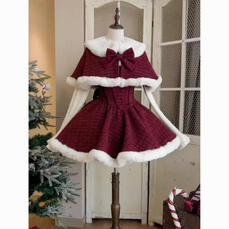 Christmas Ladies Cute Lolita Style Strap Bow Recreation Hairy Dress High Collar Top Cloak+Strap Skirt+Bottom Shirt [3-Piece Set]