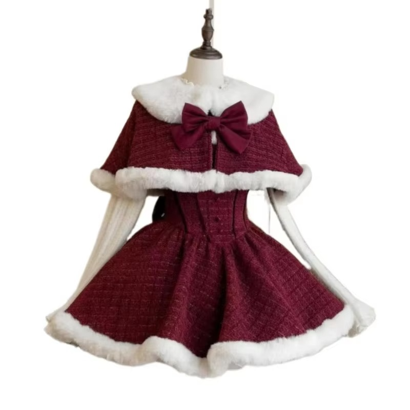 Christmas Ladies Cute Lolita Style Strap Bow Recreation Hairy Dress High Collar Top Cloak+Strap Skirt+Bottom Shirt [3-Piece Set]