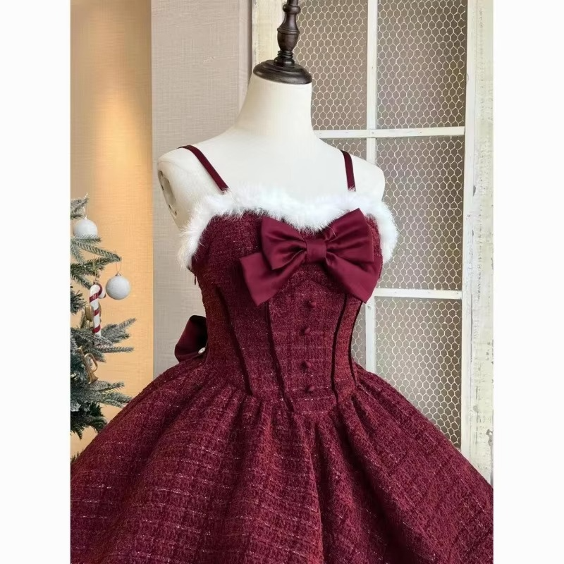 Christmas Ladies Cute Lolita Style Strap Bow Recreation Hairy Dress High Collar Top Cloak+Strap Skirt+Bottom Shirt [3-Piece Set]