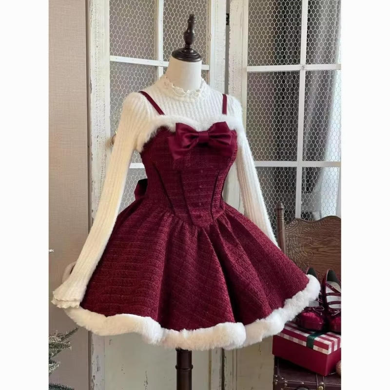 Christmas Ladies Cute Lolita Style Strap Bow Recreation Hairy Dress High Collar Top Cloak+Strap Skirt+Bottom Shirt [3-Piece Set]