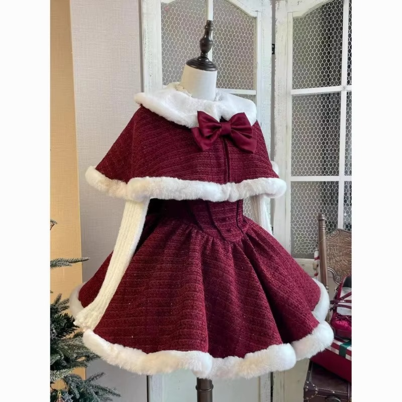 Christmas Ladies Cute Lolita Style Strap Bow Recreation Hairy Dress High Collar Top Cloak+Strap Skirt+Bottom Shirt [3-Piece Set]
