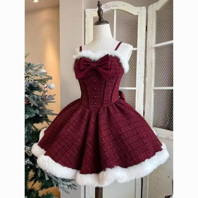 Christmas Ladies Cute Lolita Style Strap Bow Recreation Hairy Dress High Collar Top Cloak+Strap Skirt+Bottom Shirt [3-Piece Set]