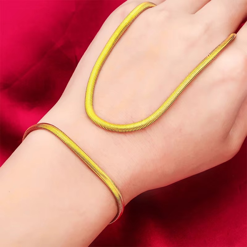 24K real gold 9999 yellow gold Thick Flat Clavicle Chain Bracelet Necklace Women's Clavicle Chain