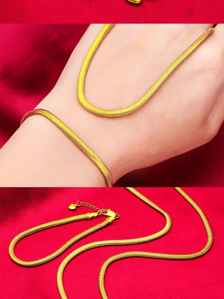 24K real gold 9999 yellow gold Thick Flat Clavicle Chain Bracelet Necklace Women's Clavicle Chain