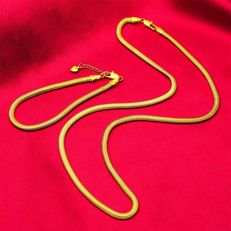 24K real gold 9999 yellow gold Thick Flat Clavicle Chain Bracelet Necklace Women's Clavicle Chain