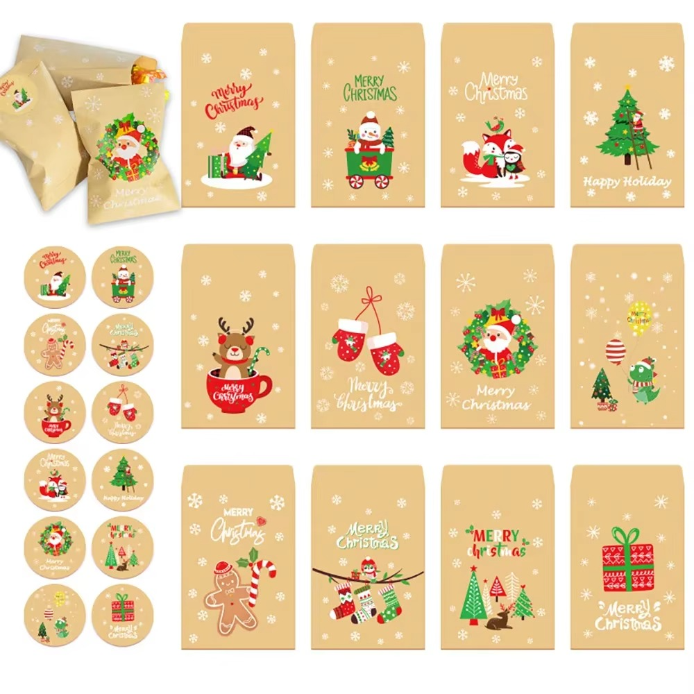 Runtow 48pcs Christmas Kraft Paper Bag Xmas Wrapping Gift Packaging Bag Santa Xmas Snowman Reindeer Envelope Bag New Year