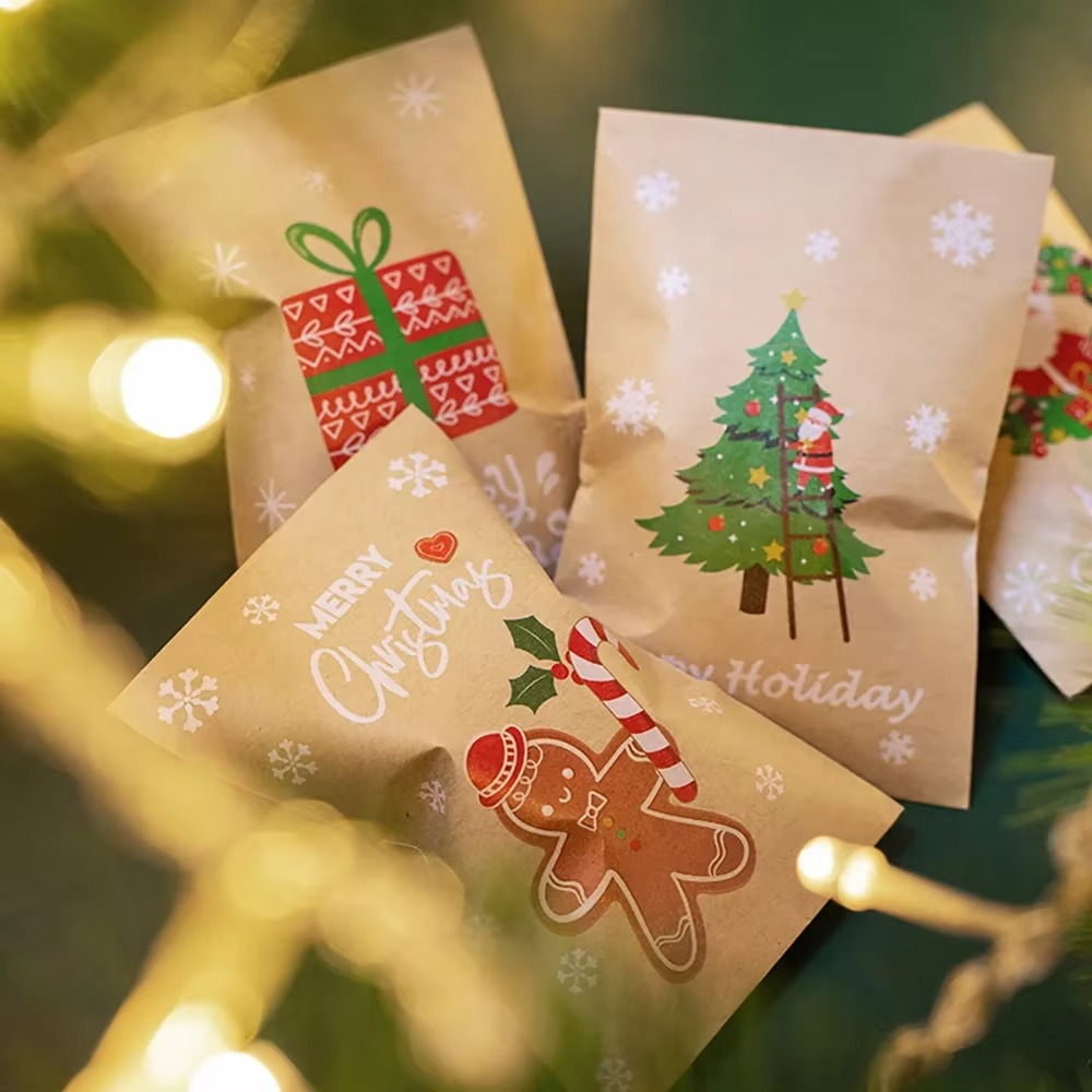 Runtow 48pcs Christmas Kraft Paper Bag Xmas Wrapping Gift Packaging Bag Santa Xmas Snowman Reindeer Envelope Bag New Year