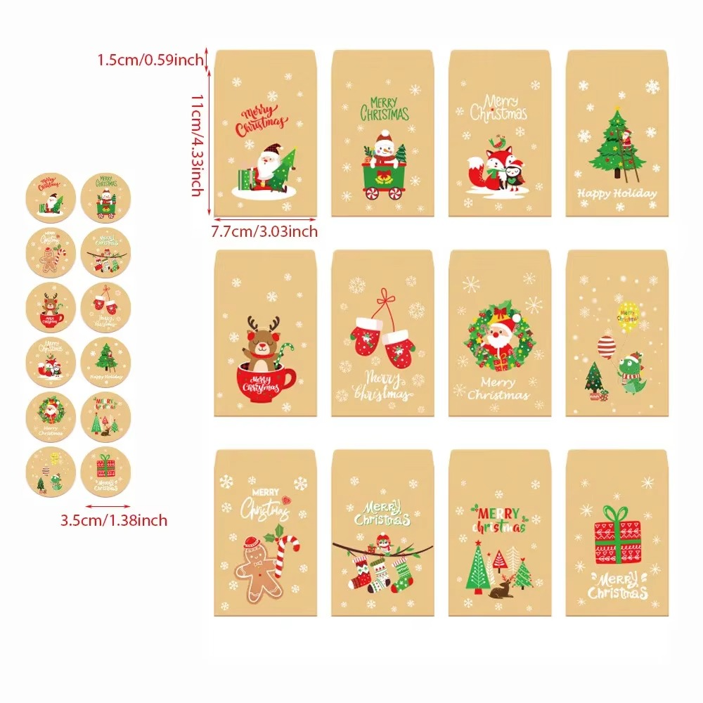 Runtow 48pcs Christmas Kraft Paper Bag Xmas Wrapping Gift Packaging Bag Santa Xmas Snowman Reindeer Envelope Bag New Year