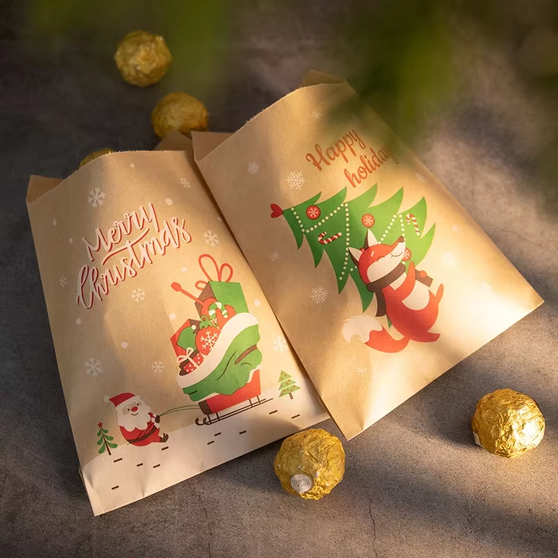 50/100pcs Merry Christmas Gift Bags Retro Santa Claus Fox Kraft Paper Bags with Stickers Xmas Party Favor Bags Advent Calendar