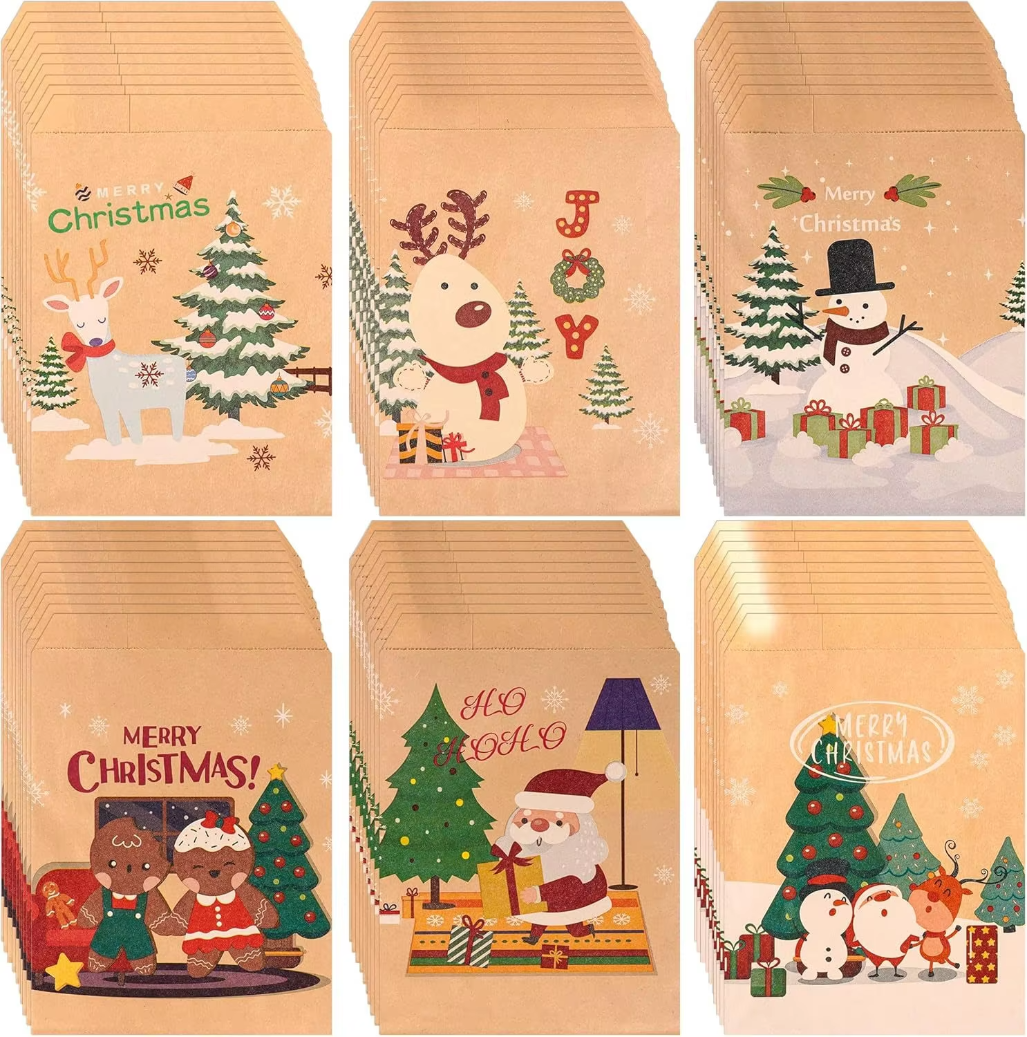 50/100pcs Merry Christmas Gift Bags Retro Santa Claus Fox Kraft Paper Bags with Stickers Xmas Party Favor Bags Advent Calendar