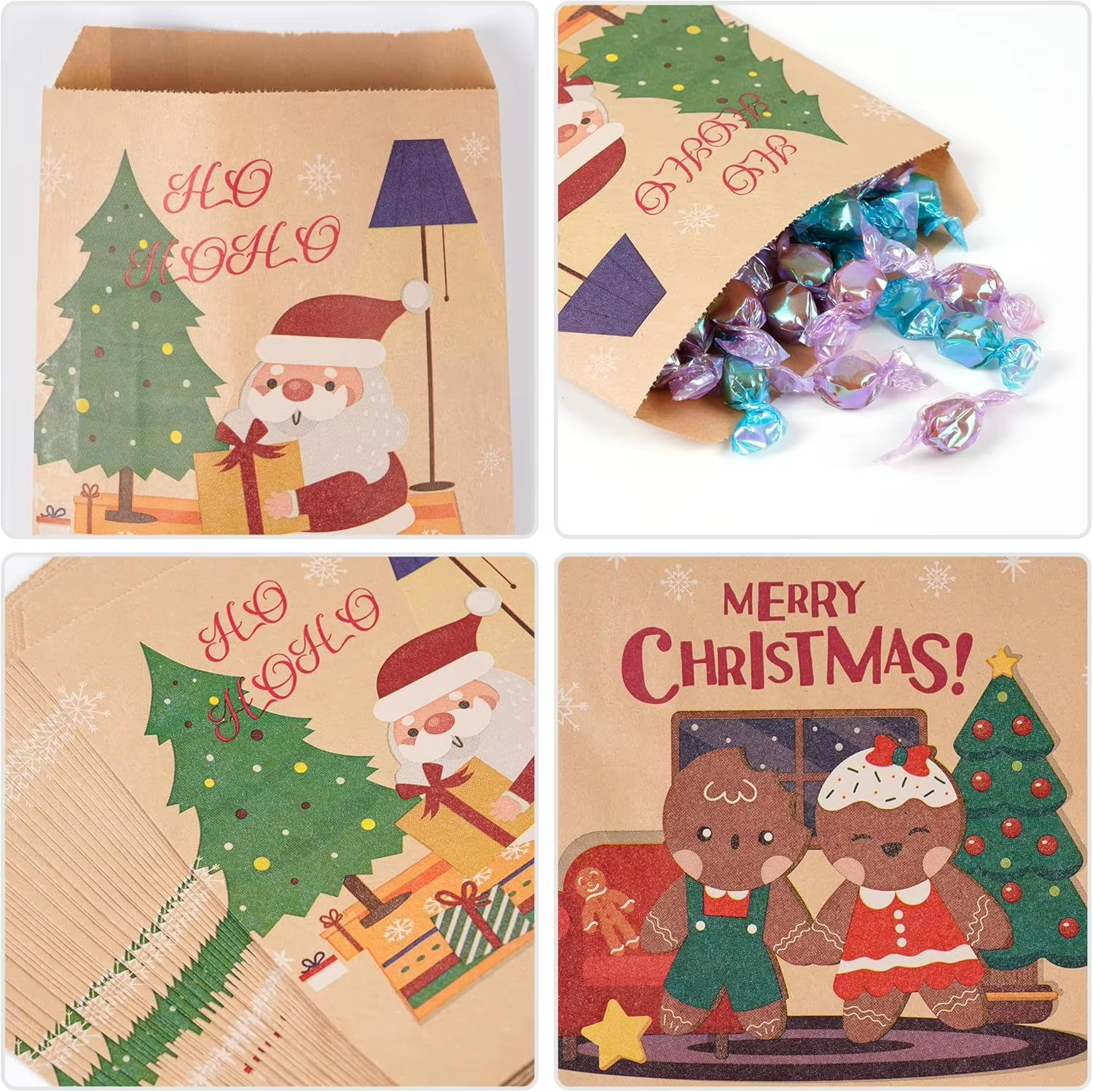50/100pcs Merry Christmas Gift Bags Retro Santa Claus Fox Kraft Paper Bags with Stickers Xmas Party Favor Bags Advent Calendar