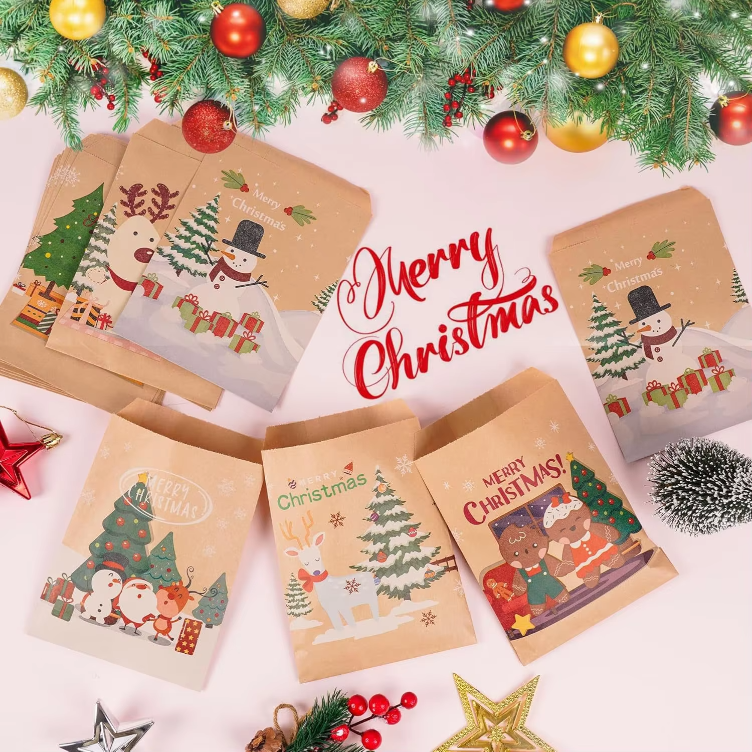 50/100pcs Merry Christmas Gift Bags Retro Santa Claus Fox Kraft Paper Bags with Stickers Xmas Party Favor Bags Advent Calendar