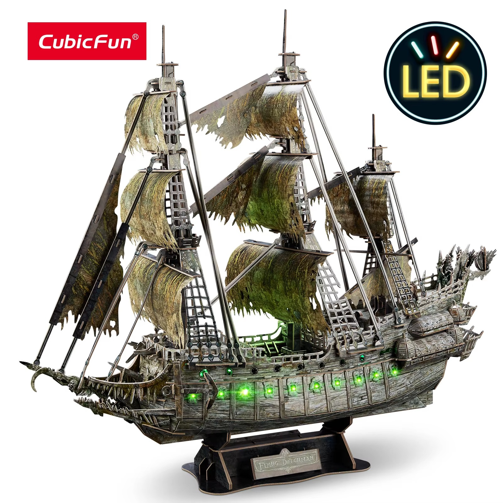 CubicFun 3D Puzzles Green LED Flying Dutchman Pirate Ship Model 360 Pieces Kits Lighting Building Ghost Sailboat Christmas Gift for Adults