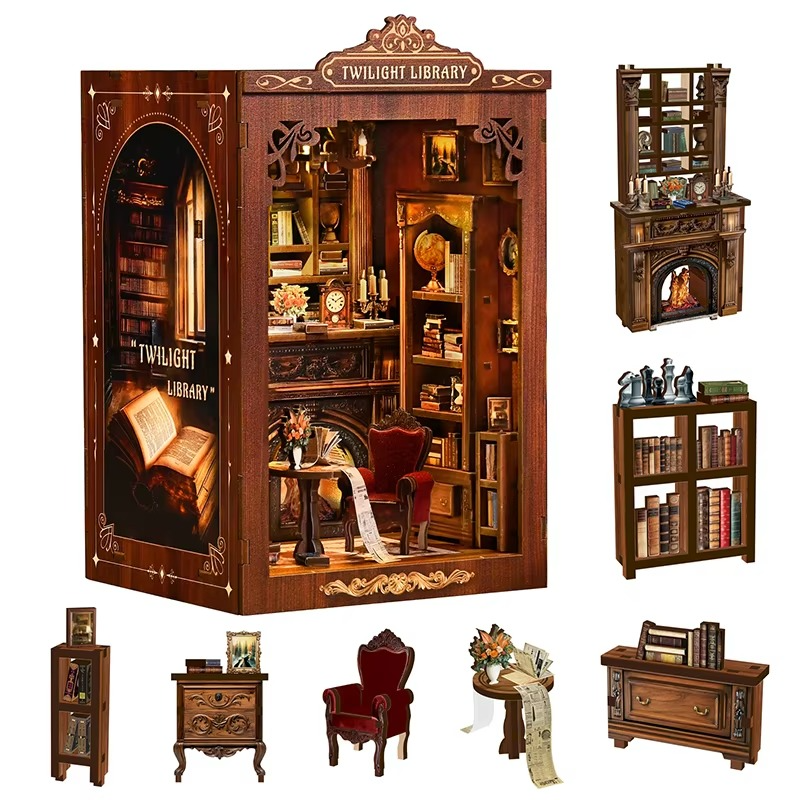 DIY Small House Stand Micro Light Book Pavilion Book Stand Model Wooden Book Stand 3D Puzzle Hand Assembled Kids Craft Christmas