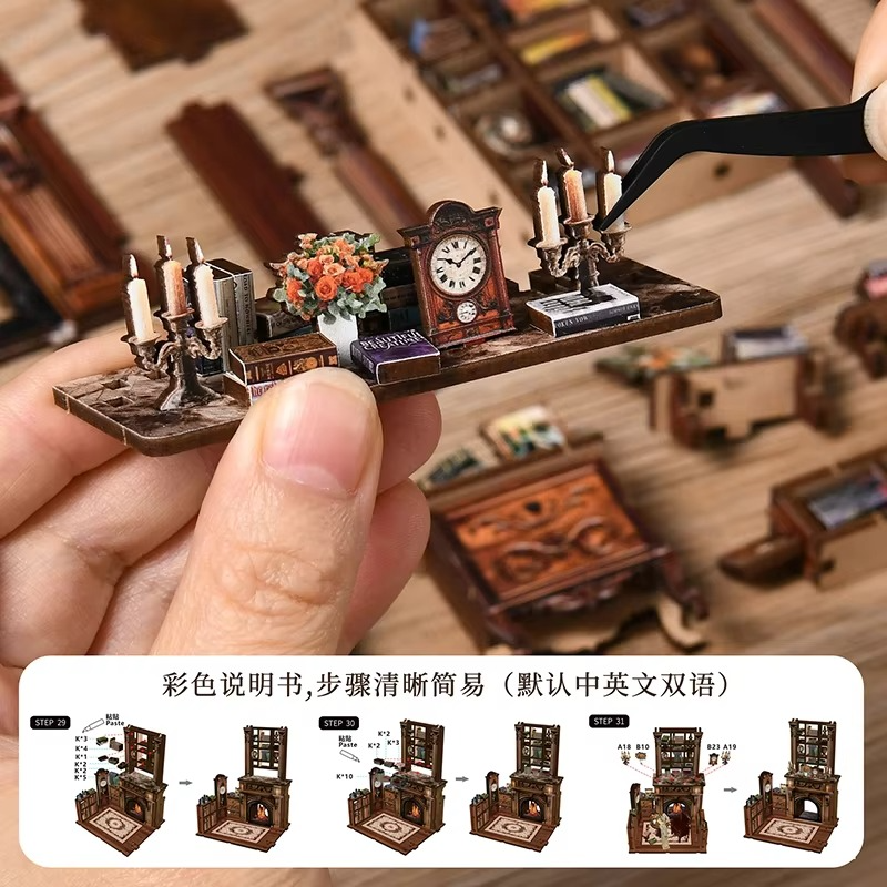 DIY Small House Stand Micro Light Book Pavilion Book Stand Model Wooden Book Stand 3D Puzzle Hand Assembled Kids Craft Christmas