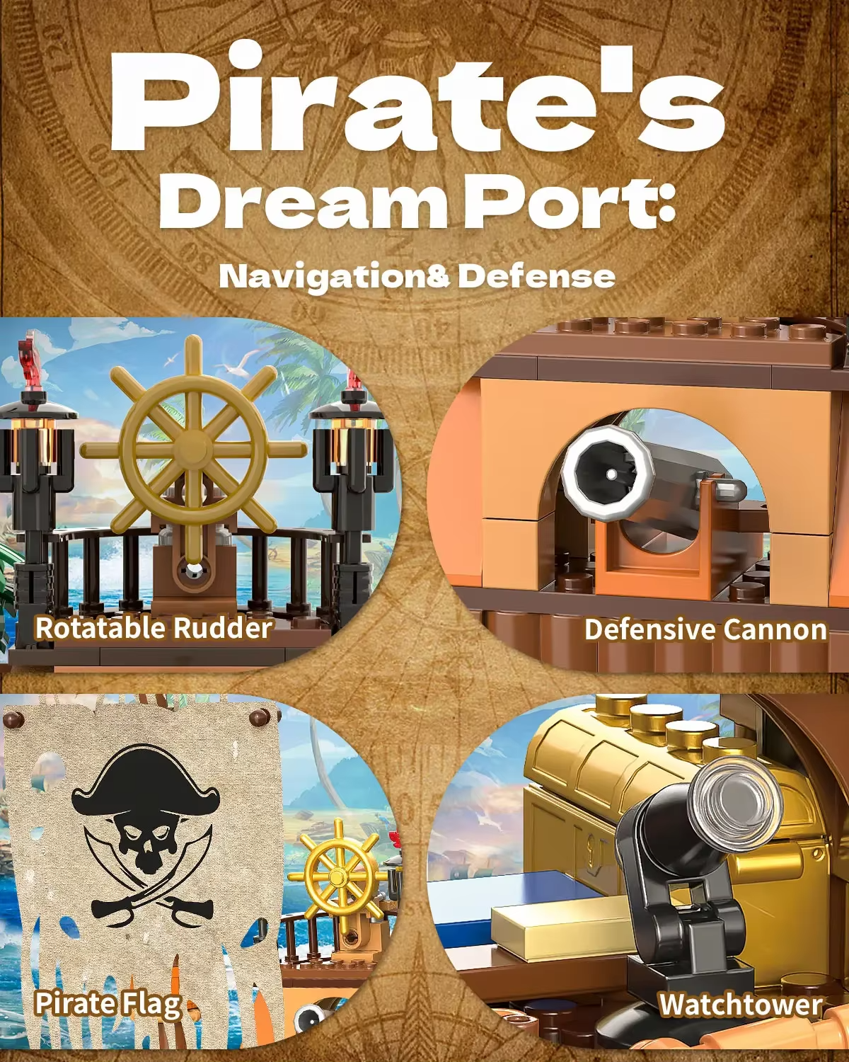 833PC Pirate Fortune Harbor Building Blocks Set - Pirate Ship House Dock MOC Model Bricks Educational Toy for Children Christmas Gift