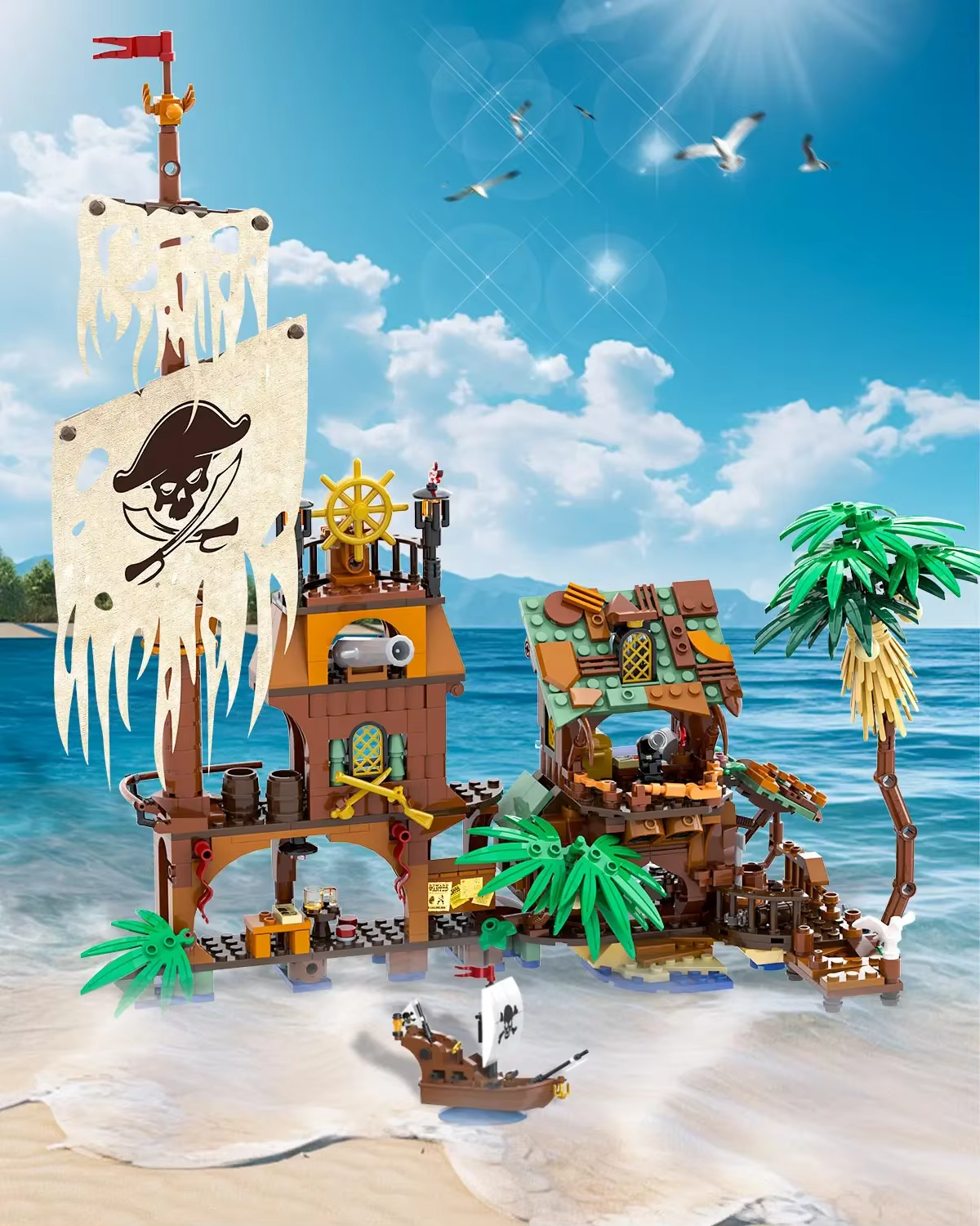 833PC Pirate Fortune Harbor Building Blocks Set - Pirate Ship House Dock MOC Model Bricks Educational Toy for Children Christmas Gift