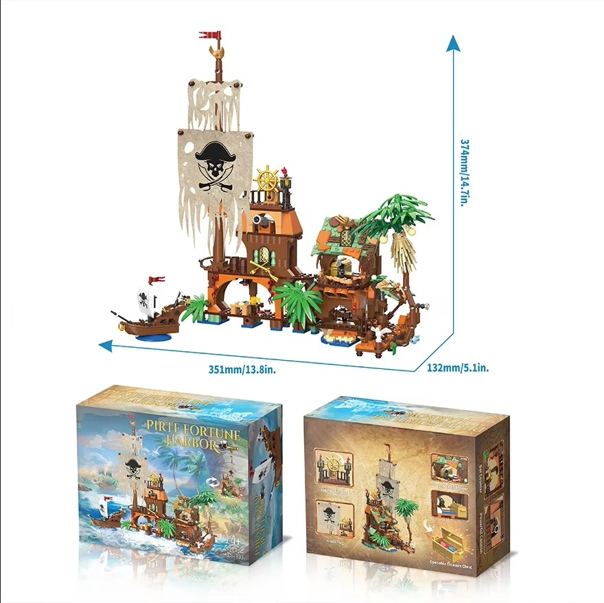 833PC Pirate Fortune Harbor Building Blocks Set - Pirate Ship House Dock MOC Model Bricks Educational Toy for Children Christmas Gift