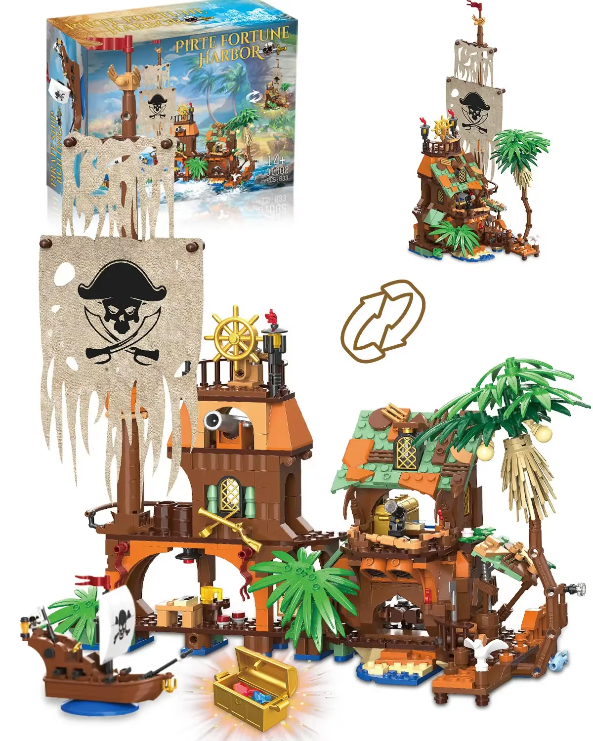 833PC Pirate Fortune Harbor Building Blocks Set - Pirate Ship House Dock MOC Model Bricks Educational Toy for Children Christmas Gift