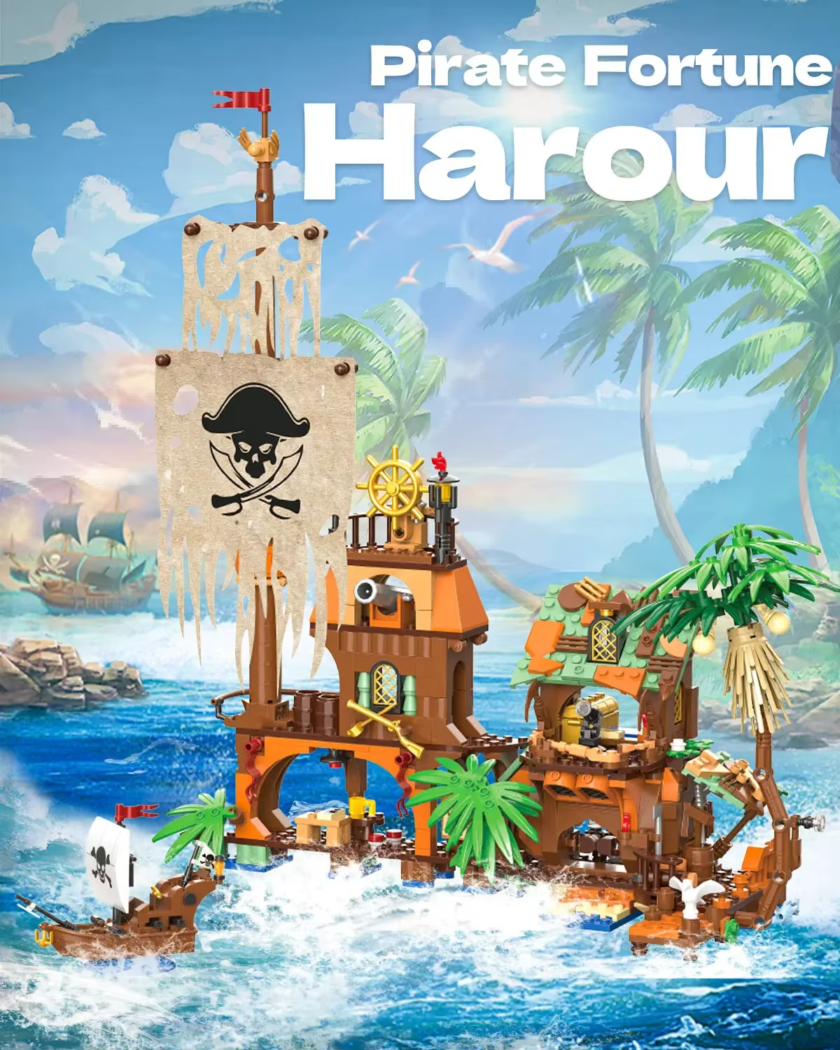 833PC Pirate Fortune Harbor Building Blocks Set - Pirate Ship House Dock MOC Model Bricks Educational Toy for Children Christmas Gift