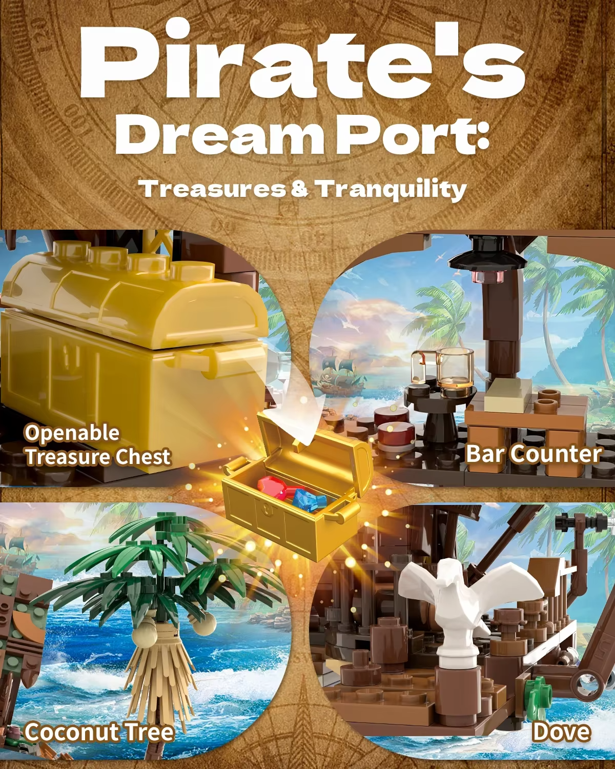833PC Pirate Fortune Harbor Building Blocks Set - Pirate Ship House Dock MOC Model Bricks Educational Toy for Children Christmas Gift