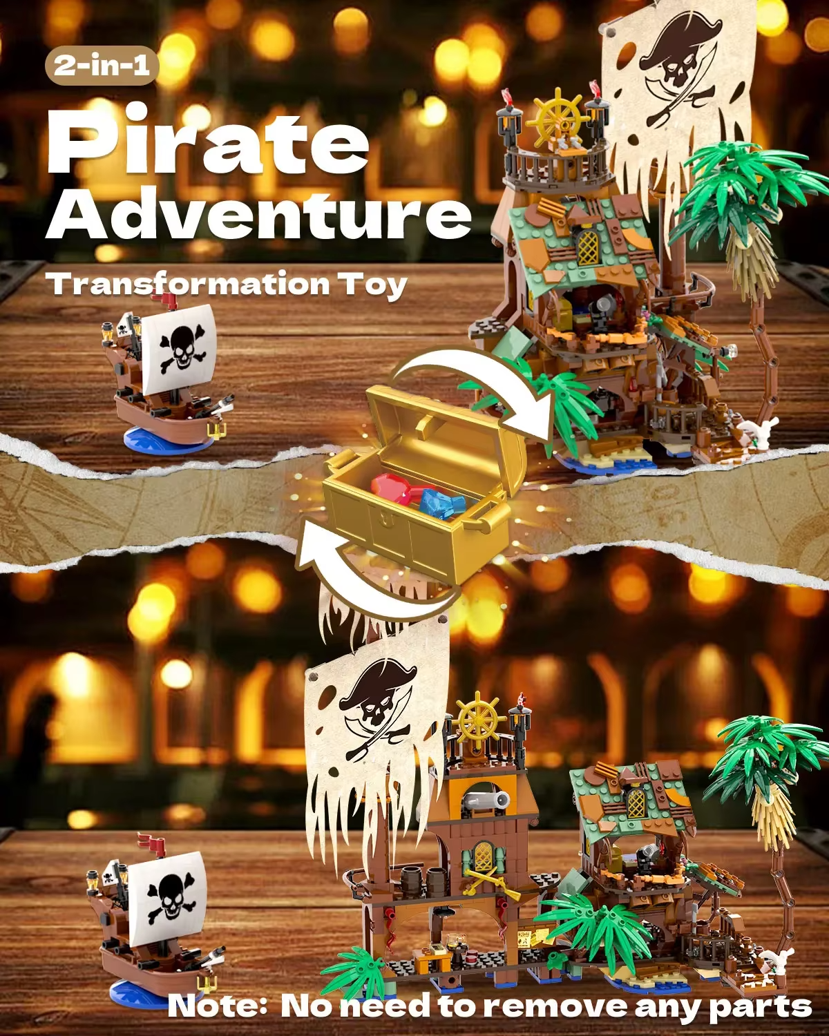 833PC Pirate Fortune Harbor Building Blocks Set - Pirate Ship House Dock MOC Model Bricks Educational Toy for Children Christmas Gift