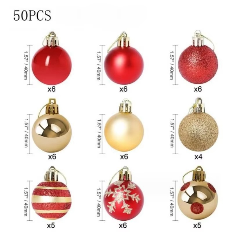 50pcs 4cm Christmas Tree Decorative Balls Red Gold Painted Christmas Ball Set Holiday Atmosphere Decorative Ornaments Xmas Decor