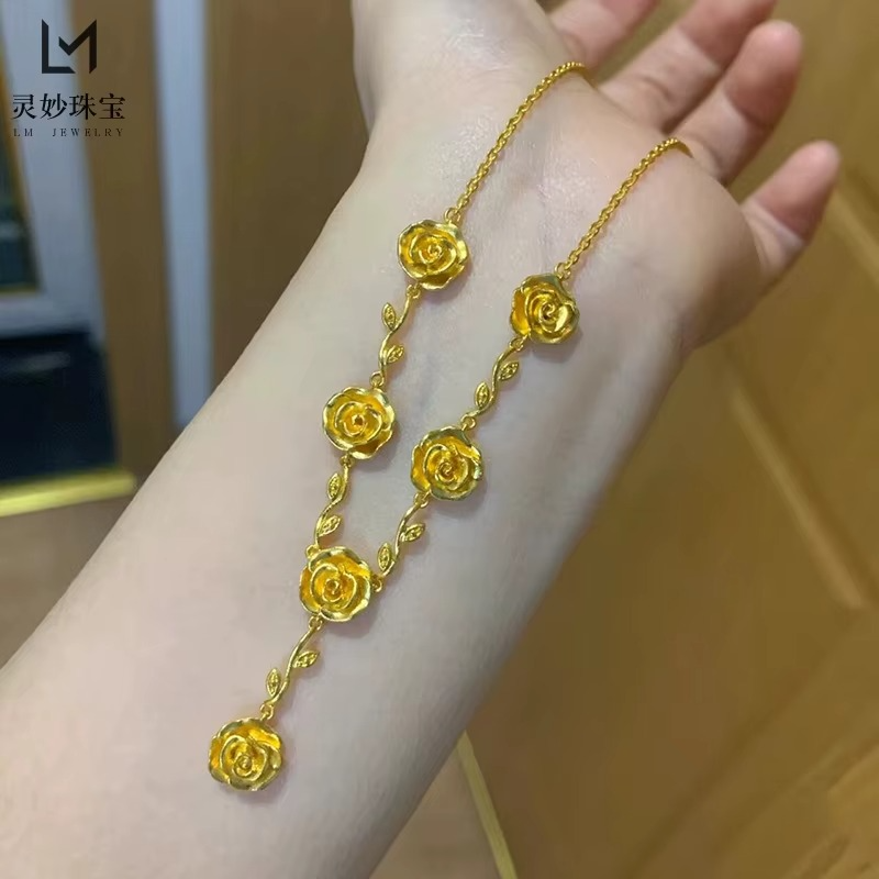 Full of charm! 24K AU999 Gold Shining Rose Necklace for Women, Eye-Attractive Pendant for Party Dating