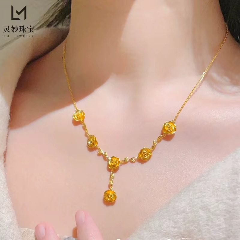 Full of charm! 24K AU999 Gold Shining Rose Necklace for Women, Eye-Attractive Pendant for Party Dating