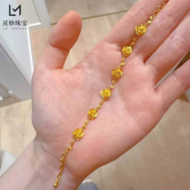 Full of charm! 24K AU999 Gold Shining Rose Necklace for Women, Eye-Attractive Pendant for Party Dating