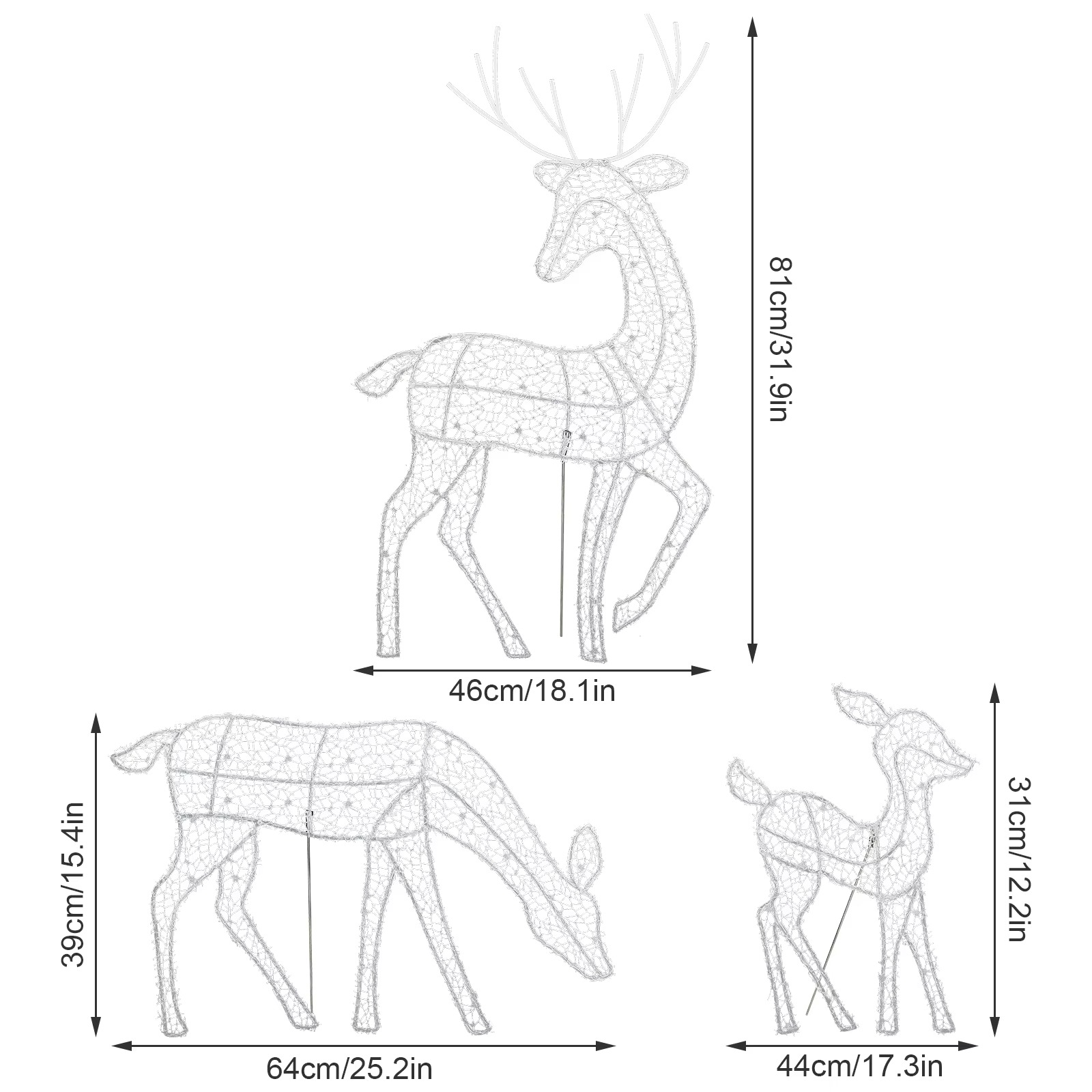 3pcs Lighted Christmas Reindeer Family Outdoor Yard Lawn Festive Holiday Decoration Metal High Quality Cute Iron Ornament