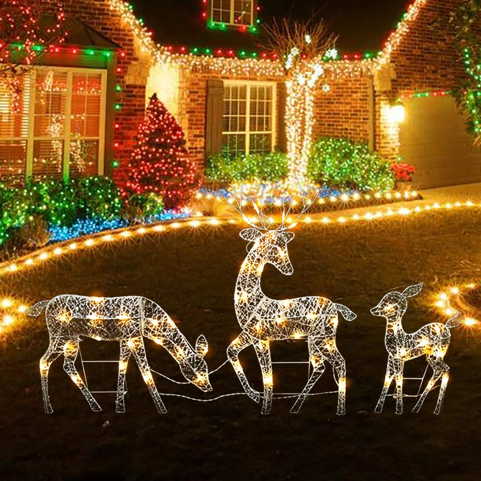 3Pc Lighted Deer Family Outdoor Christmas, Winter Decoration For Front Yards