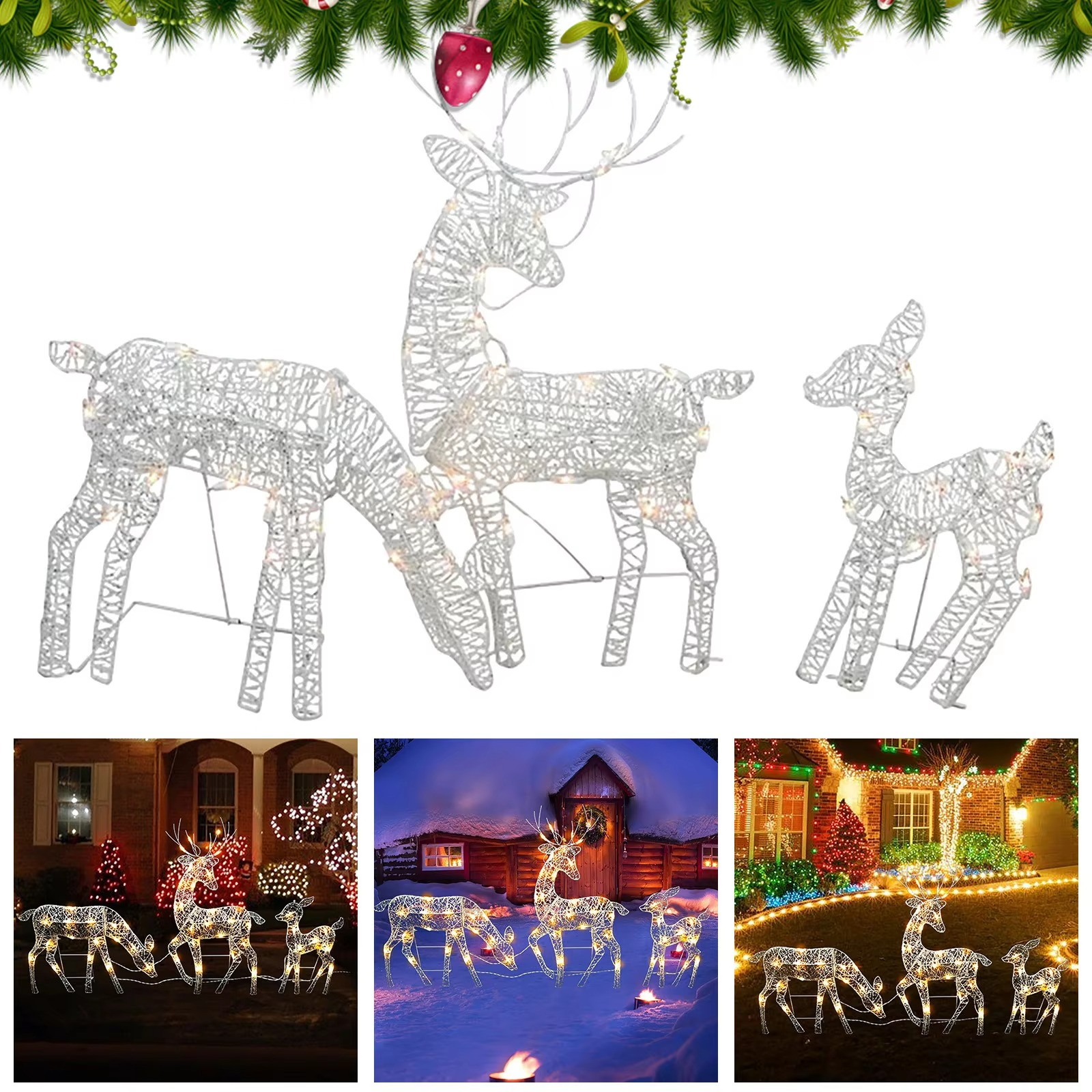3Pc Lighted Deer Family Outdoor Christmas, Winter Decoration For Front Yards