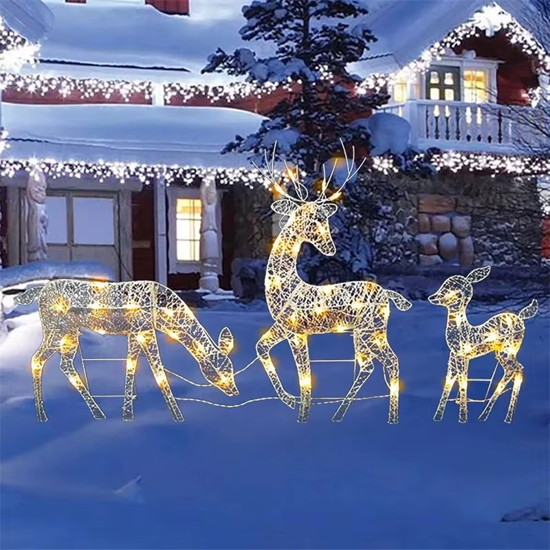 3pcs Handmake Iron Art Elk Deer Christmas Garden Decor&LED Light Glowing Glitter Reindeer Xmas Home Outdoor Yard Ornament Decor