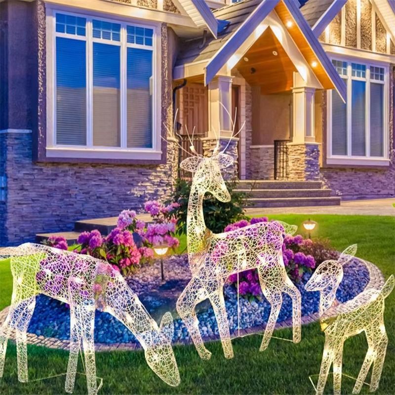 3pcs Handmake Iron Art Elk Deer Christmas Garden Decor&LED Light Glowing Glitter Reindeer Xmas Home Outdoor Yard Ornament Decor