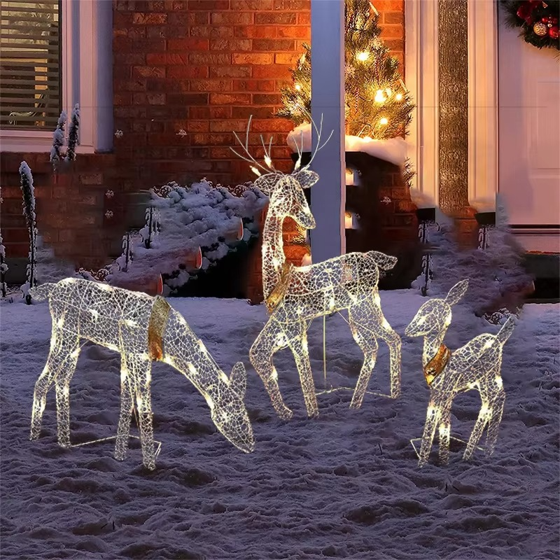3pcs Handmake Iron Art Elk Deer Christmas Garden Decor&LED Light Glowing Glitter Reindeer Xmas Home Outdoor Yard Ornament Decor
