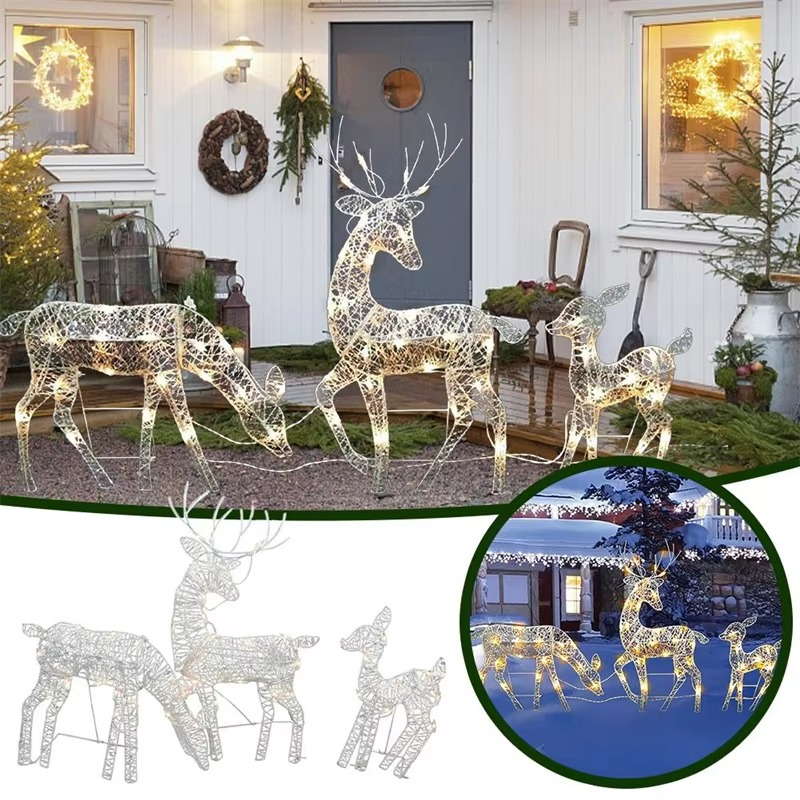 3pcs Handmake Iron Art Elk Deer Christmas Garden Decor&LED Light Glowing Glitter Reindeer Xmas Home Outdoor Yard Ornament Decor