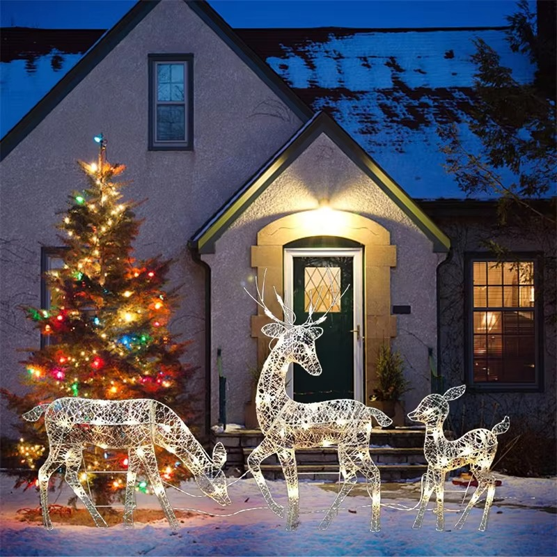 3pcs Handmake Iron Art Elk Deer Christmas Garden Decor&LED Light Glowing Glitter Reindeer Xmas Home Outdoor Yard Ornament Decor
