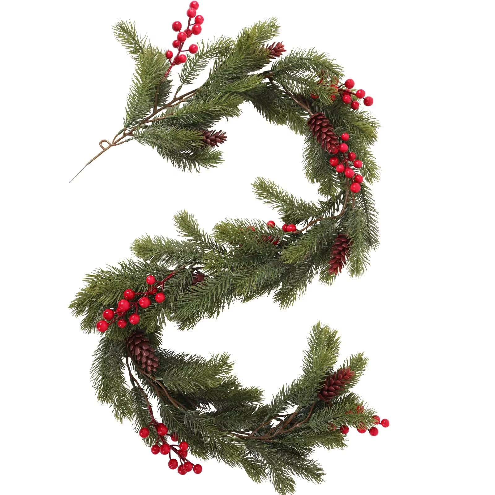 4.6ft Artificial Pine Needles Garlands Christmas Decorations with Pine Cones Red Berries Plastic Fake Plant for Xmas Home Decor